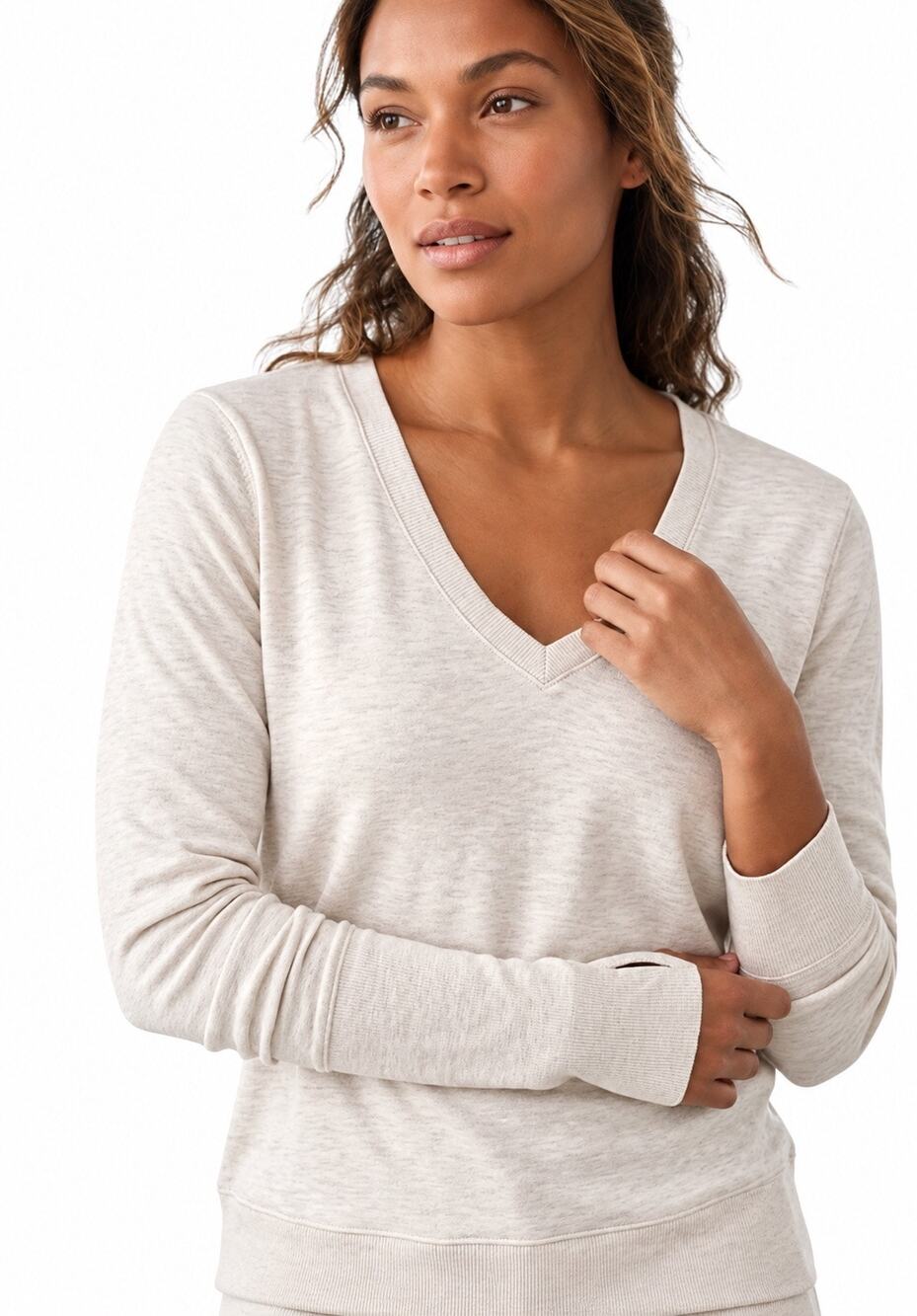 Athleta Women’s Sunrise V-Neck Sweatshirt Oatmeal Heather Small